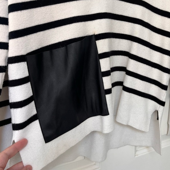 Zara Striped Knit Faux Leather Pocket Pullover Sweater M Black & White - Picture 4 of 13